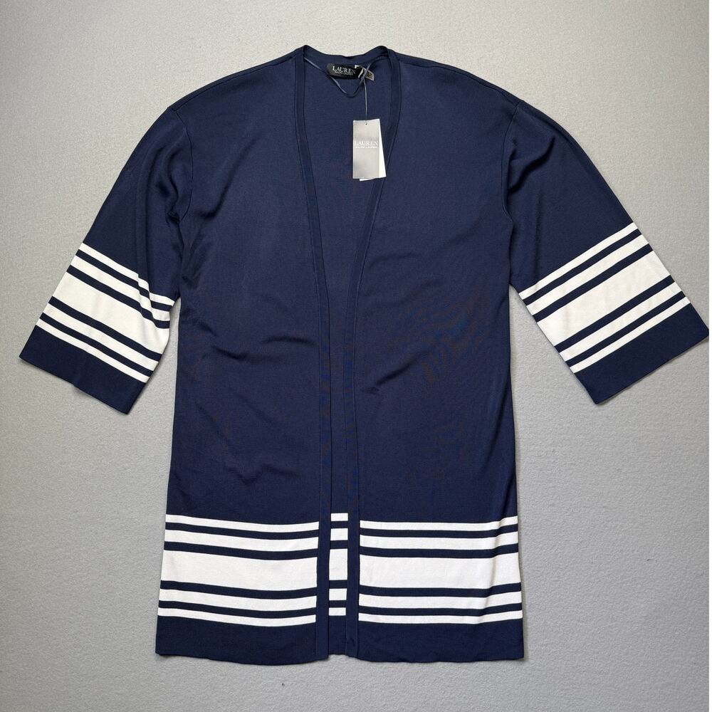 Lauren Ralph Lauren Women's Two-Tone Cardigan Navy/White Large $225